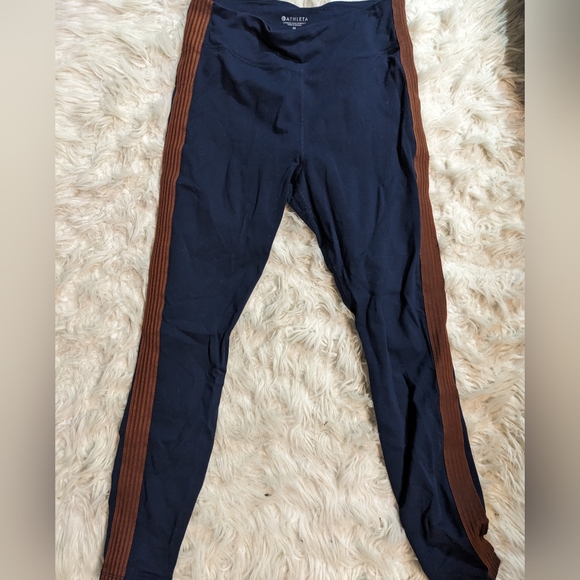 ATHLETA Leggings Track Tux Side Stripe High Rise Navy Blue Brown - Picture 1 of 5